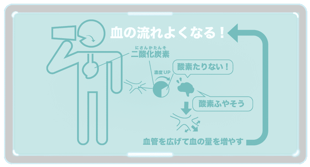 炭酸水を飲むと、血の中の二酸化炭素の濃度が上がるので脳が酸素が足りないとなって血管を広げて血中の酸素を増やそうとするので、結果的に血の流れがよくなる！