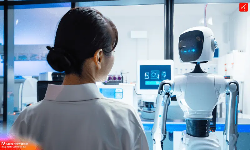 バイオ研究所で協力する女性と助手のロボット powered by Adobe Firefly