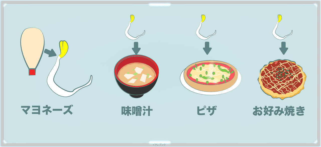 アルファルファはマヨネーズや味噌汁、ピザやお好み焼きと一緒に