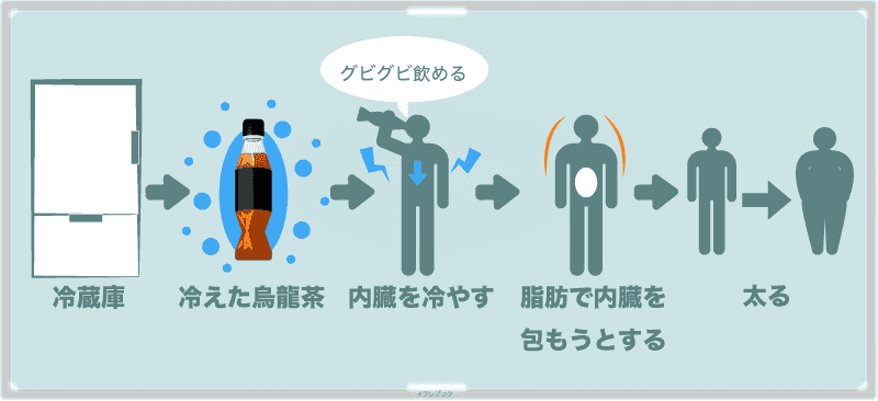 冷たい飲み物は内臓を冷やすので代謝が落ちるので、内臓に脂肪を貯めやすくなり太りやすくなる。