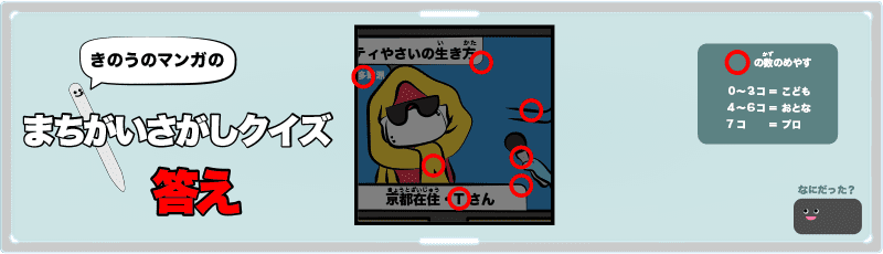 きのうのマンガの間違い探しクイズの答え 4コマ漫画「マカデミアの楽屋裏」より