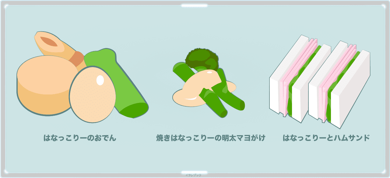 はなっこりーのおでん、焼きはなっこりーの明太マヨがけ、はなっこりーとハムサンド