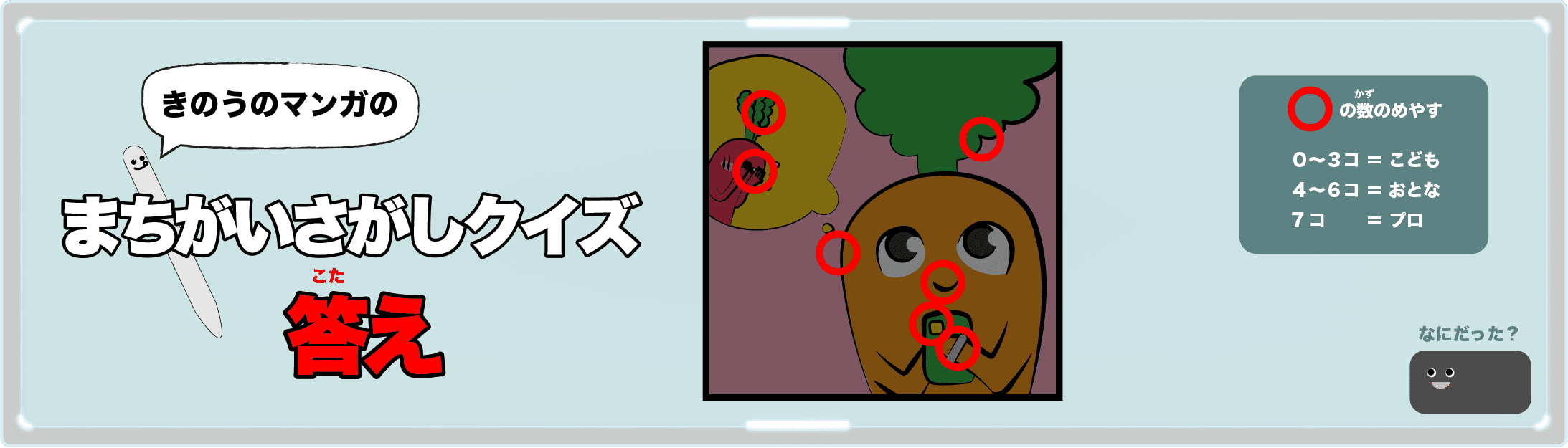 きのうのマンガの間違い探しクイズの答え 4コマ漫画「キャベツちゃんの夢」より