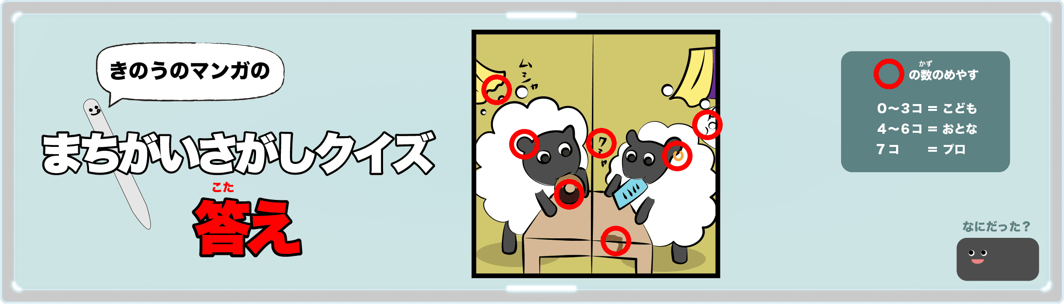 きのうのマンガの間違い探しクイズの答え 4コマ漫画「おりたたみボディ」より