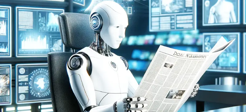 アンドロイドが新聞を読んで脳データ更新しているイメージ
