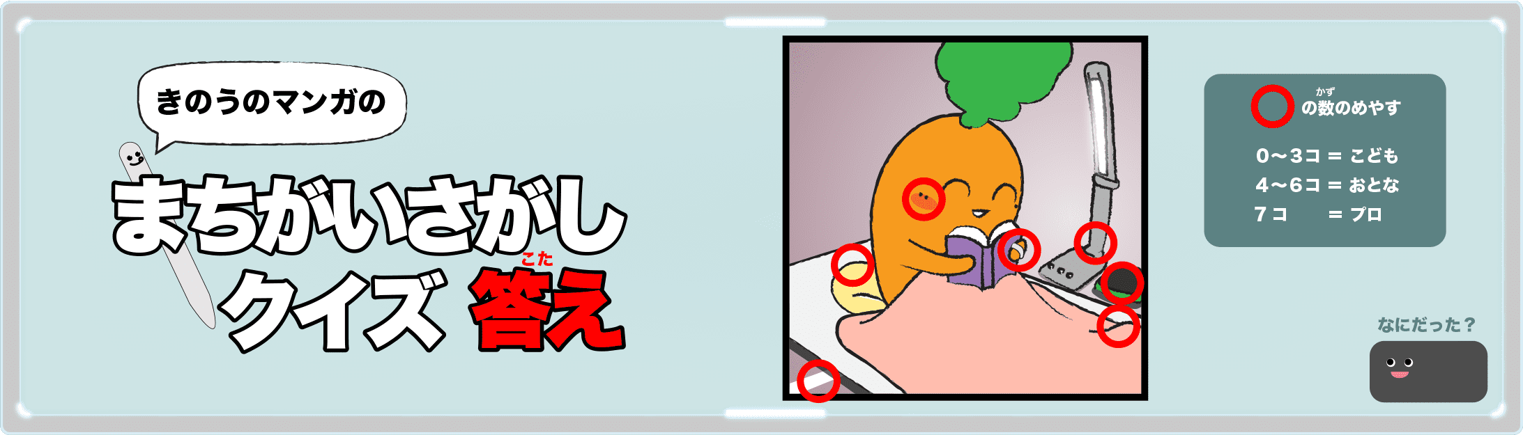 きのうのマンガの間違い探しクイズの答え 4コマ漫画「忙しい日」より