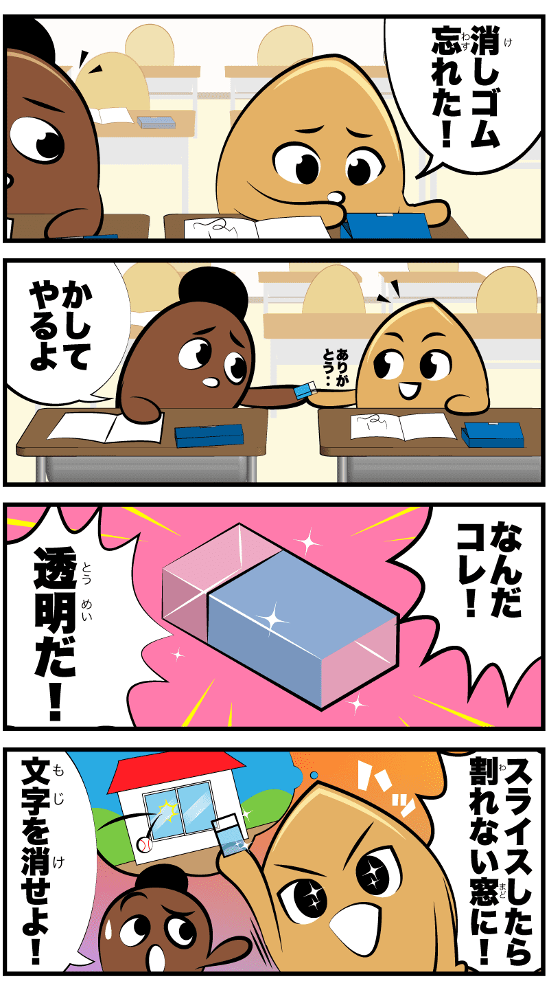 消しゴム忘れた！かしてやるよ。ありがとう。なんだコレ！透明だ！スライスしたら割れない窓に！文字を消せ〜！