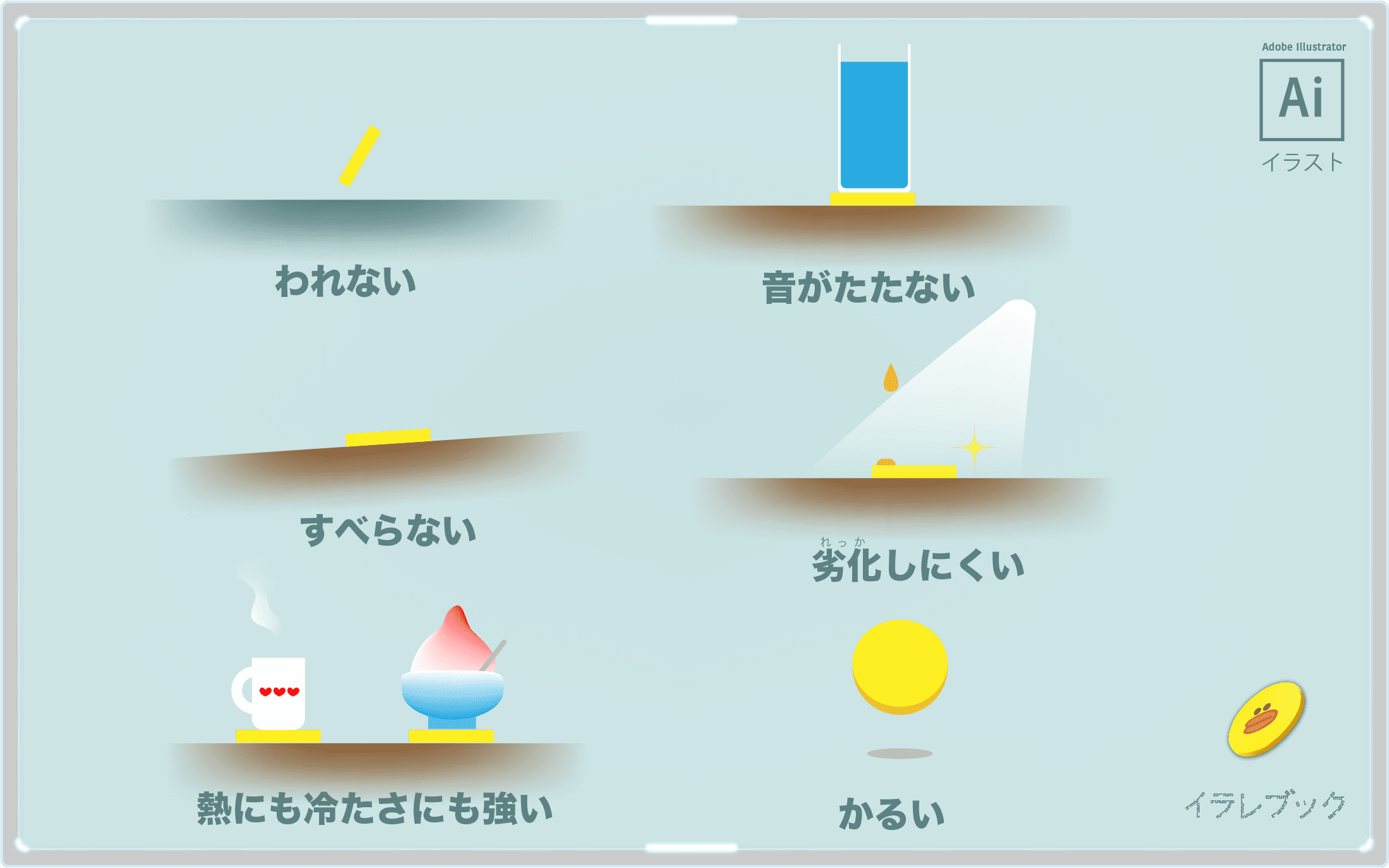 コースターは割れない、音が立たない、すべらない、劣化しにくい、熱にも冷たさにも強い、軽い利点がある