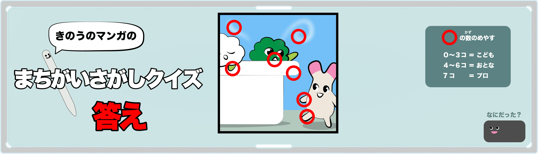 きのうのマンガの間違い探しクイズの答え 4コマ漫画「新生姜とストッカー温泉」より