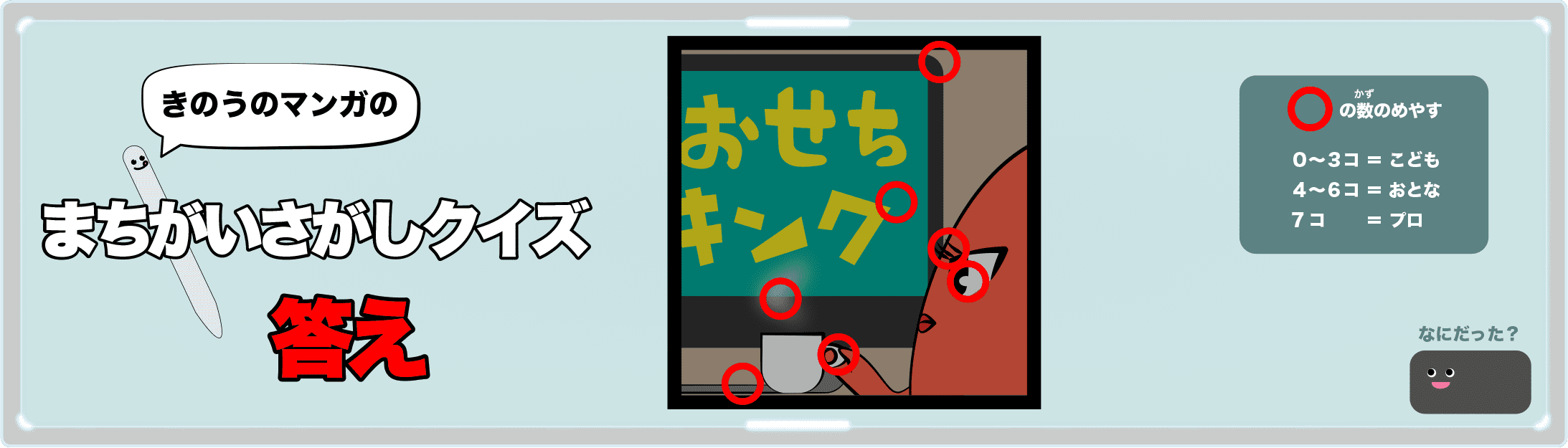 きのうのマンガの間違い探しクイズの答え 4コマ漫画「時の流れ」より
