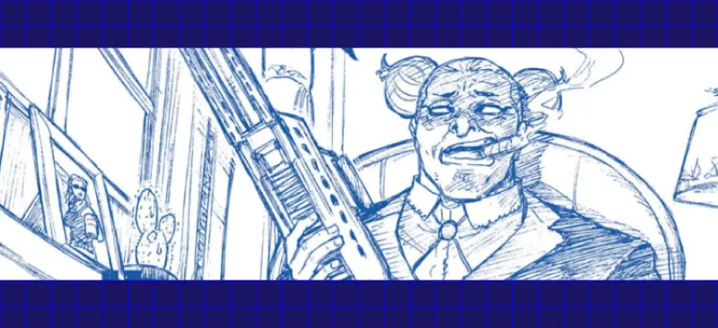 ブルーロックのばぁやが銃を持ちながら笑顔でタバコを吸うシーン