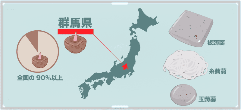 全国の90%以上のこんにゃく芋はなんと群馬県。板蒟蒻、糸蒟蒻、玉蒟蒻