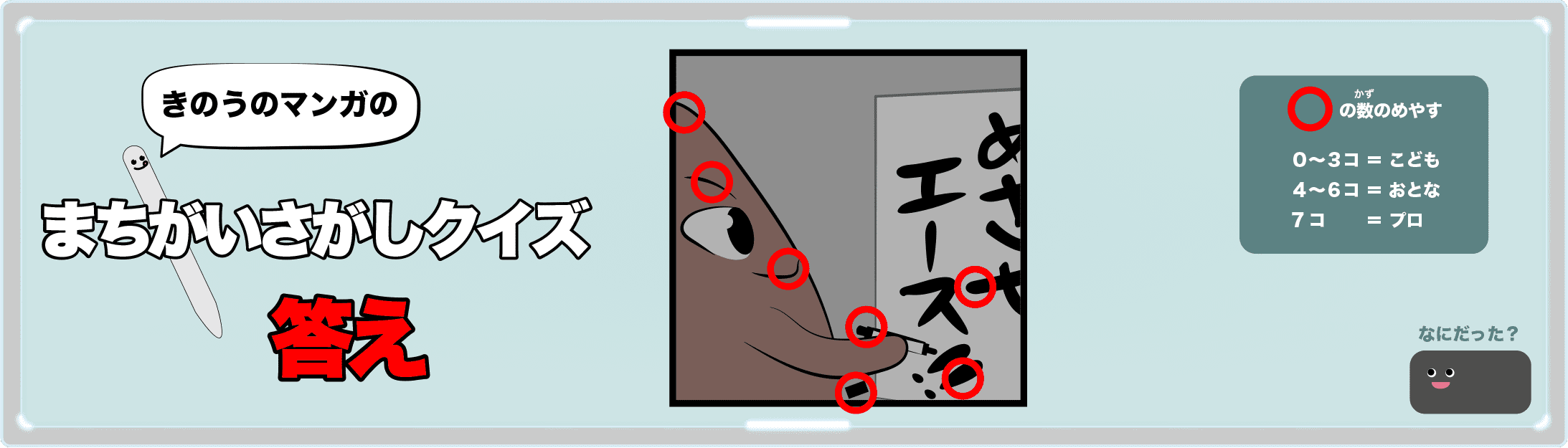 きのうのマンガの間違い探しクイズの答え 4コマ漫画「ライバル」より