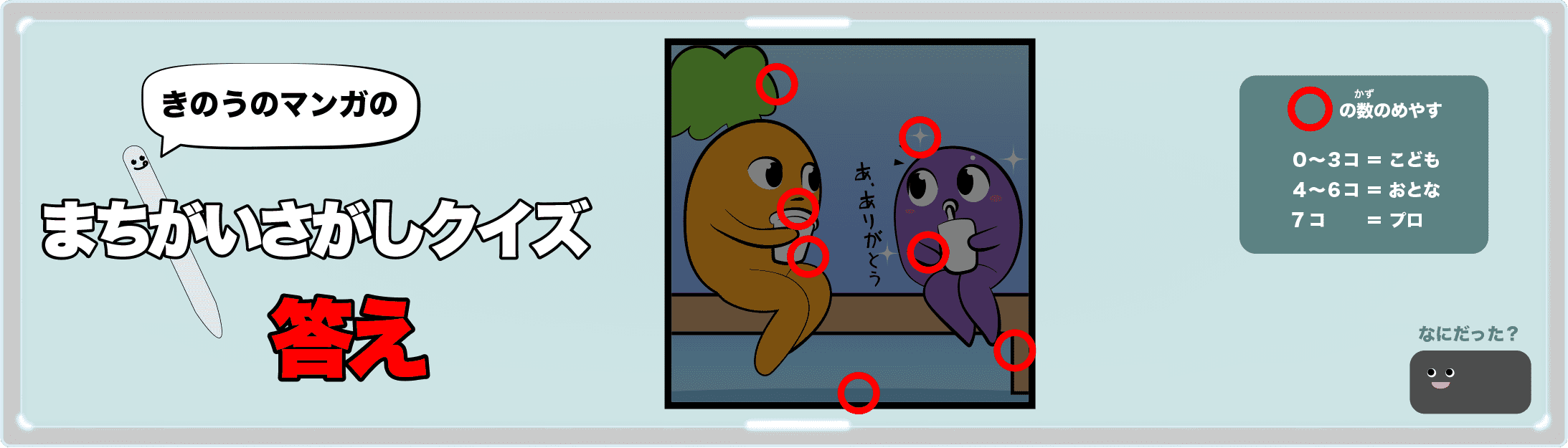 きのうのマンガの間違い探しクイズの答え 4コマ漫画「クイズどっちでSHOW第一問」より