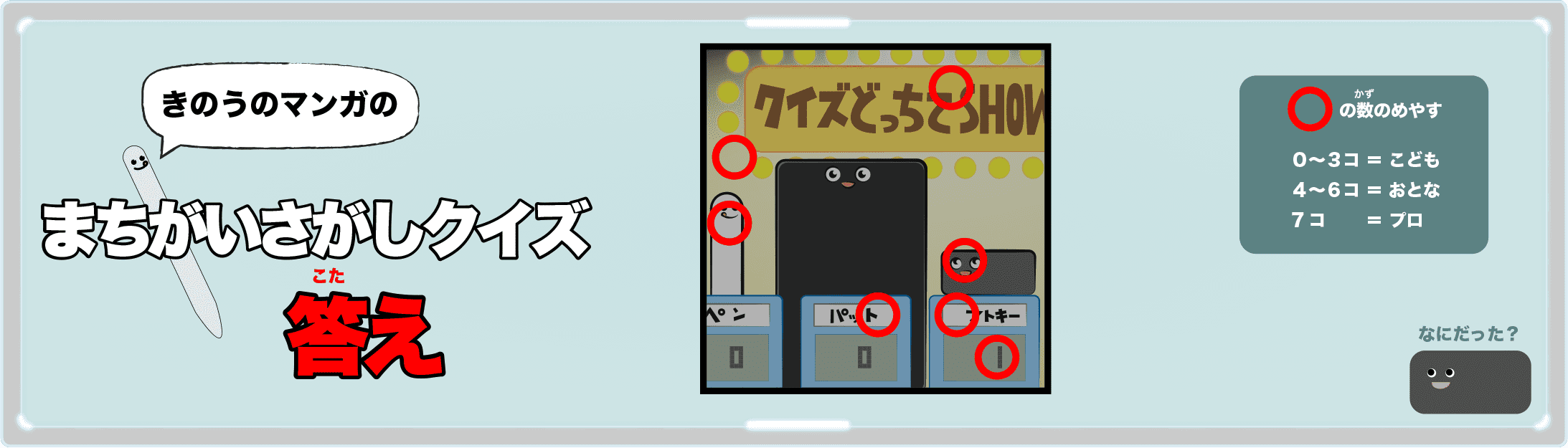 きのうのマンガの間違い探しクイズの答え 4コマ漫画「チェリーな恋」より
