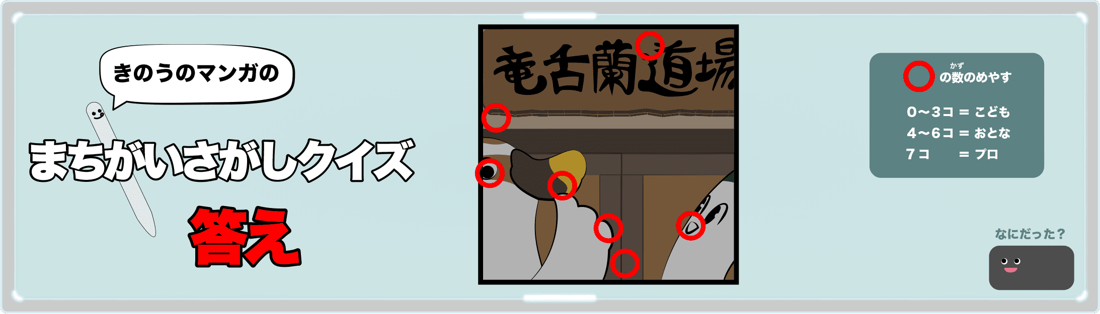 きのうのマンガの間違い探しクイズの答え 4コマ漫画「鴨ネギたちの一歩」より