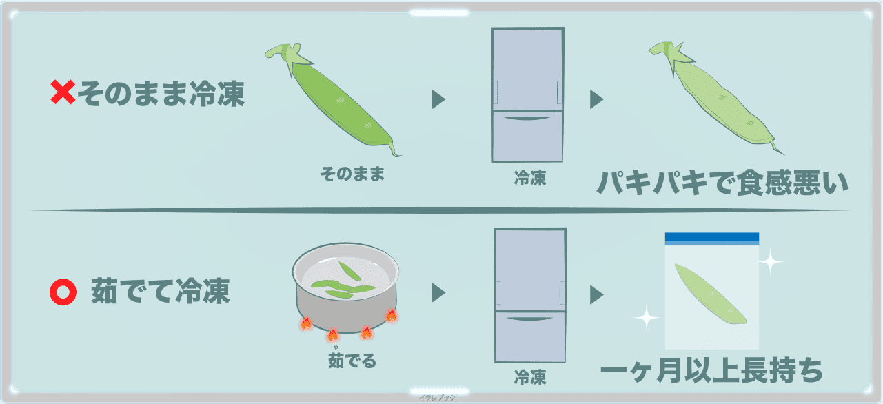 さやえんどうは、茹でてから冷凍すると1ヶ月以上長持ちする