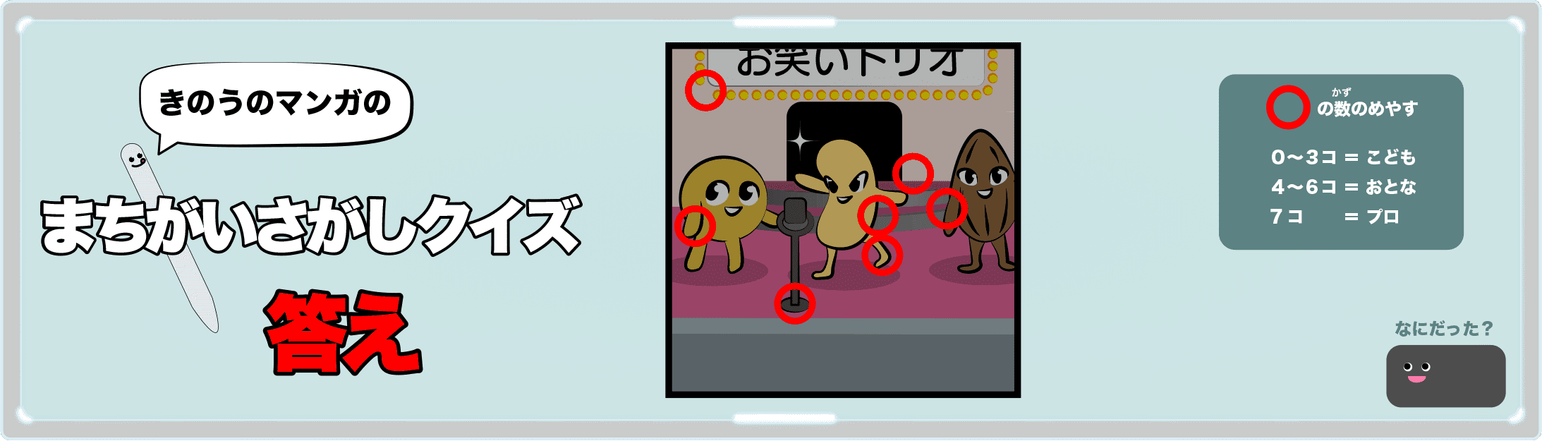 きのうのマンガの間違い探しクイズの答え 4コマ漫画「クイズどっちでSHOW 第2問」より