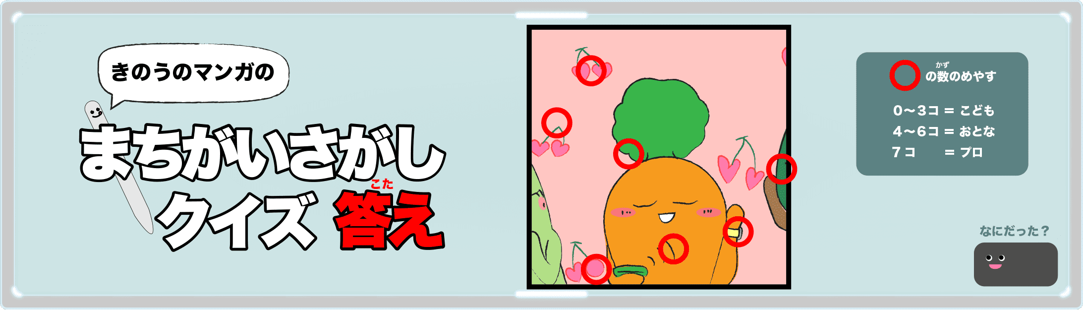 きのうのマンガの間違い探しクイズの答え 4コマ漫画「チェリーな恋」より