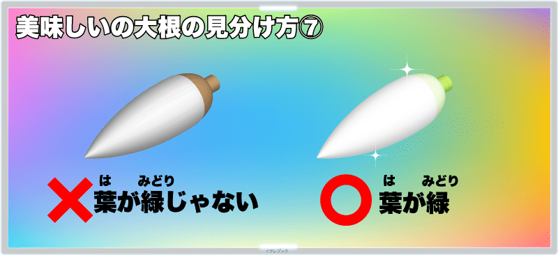 【美味しい大根の見分け方⑦】葉っぱ付きは、葉が緑のものを選ぶ