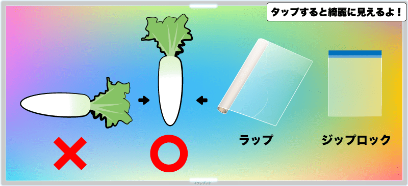 大根は保存するときは寝かせず縦にしまっておくと長持ちする。ラップやジップロックで包んでおくとなお良い