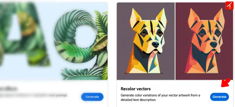 Adobe Fireflyのrecolor vectors画面メニュー