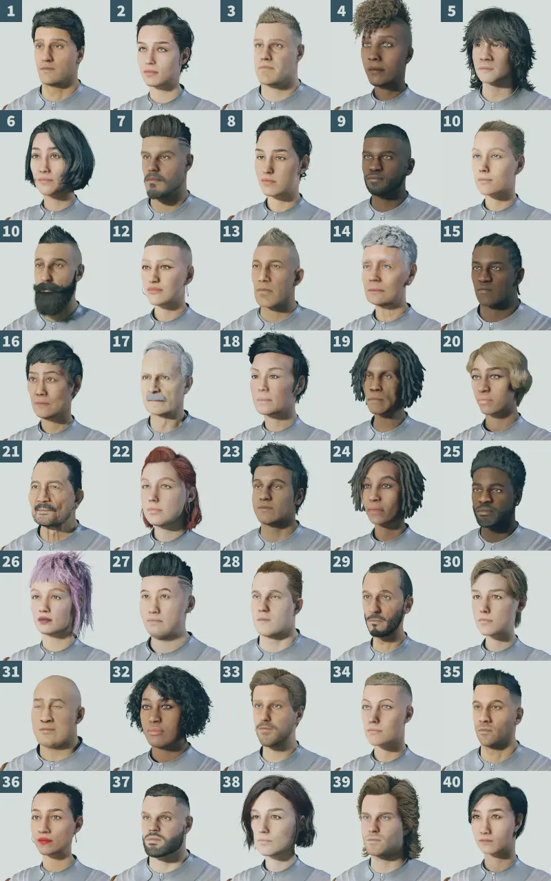 スターフィールドのキャラメイクで設定できる個人記録(生体ID)の種類を40個並べた画像