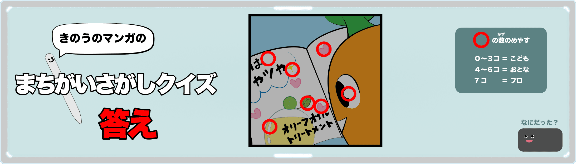 きのうのマンガの間違い探しクイズの答え 4コマ漫画「オリーブちゃんの店」より