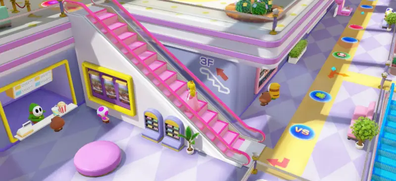 スーパーマリオパーティジャンボリーのショッピングモールステージ、ピーチがエスカレーターを上るシーン