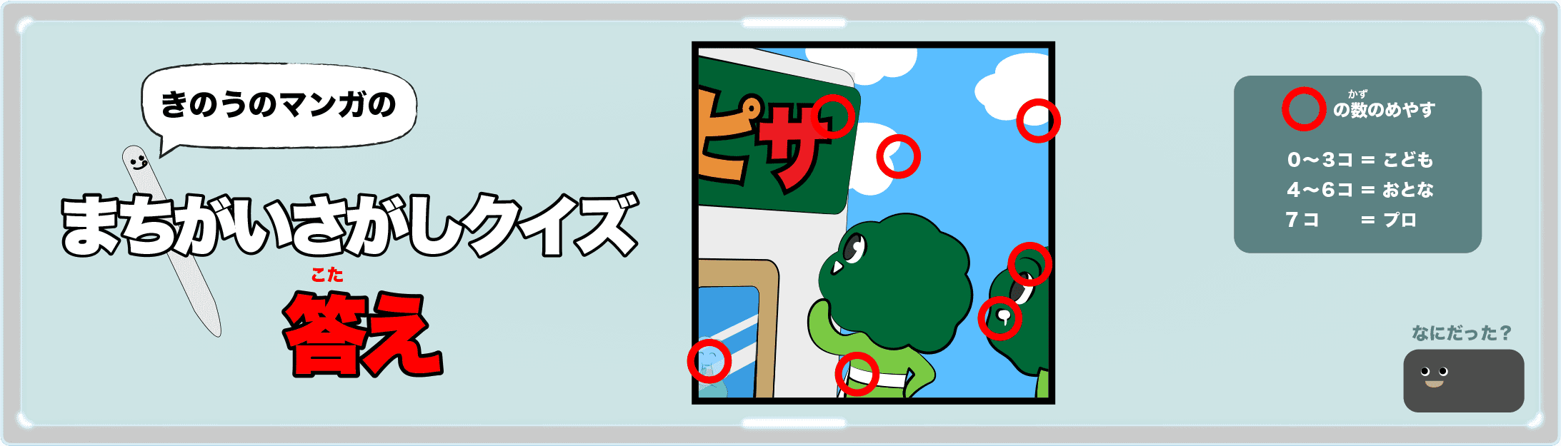 きのうのマンガの間違い探しクイズの答え 4コマ漫画「おりたたみボディ」より