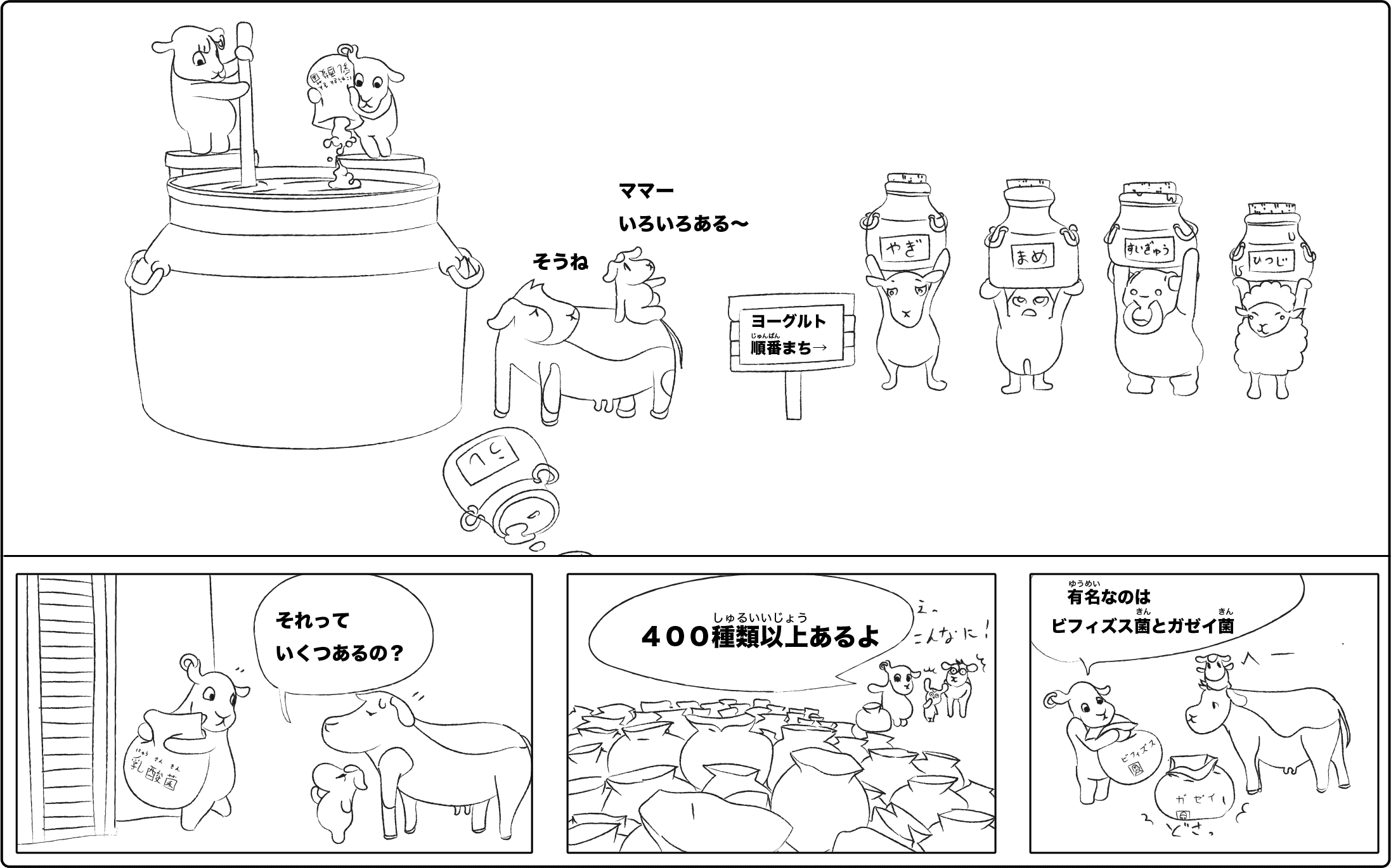 ヨーグルト まんが図解「牛、やぎ、羊、水牛のヨーグルトは乳酸菌を加えて発酵させて作る」フルカラー